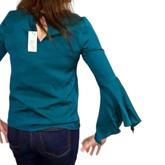 NWT Milly Teal 3/4 Flare Sleeve Silk Blouse - “Peacock Holly Top” - Size 6 - Picture 8 of 14